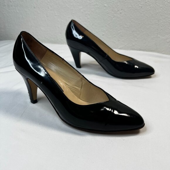 Bally Classic Patent Leather Pumps Cone Heel Almond Toe Black 5 - Picture 7 of 13